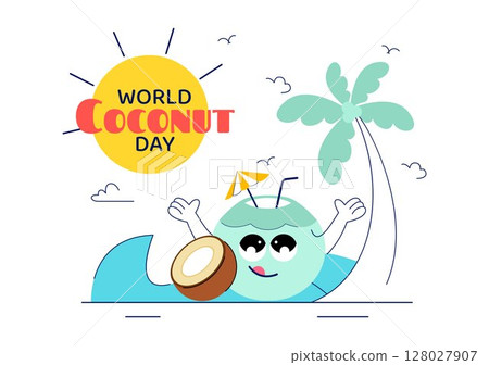 World Coconut Day Vector Illustration on September 2nd featuring Coconut Trees, Flowers, Tropical Leaves, and a Beach in a Flat Style Background 128027907