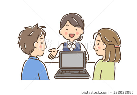 一位身著辦公室服裝的女士正在向一對年輕夫婦講解電腦螢幕 128028095