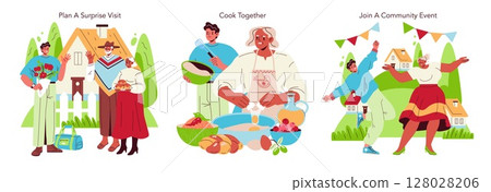 Vector illustration set showing diverse family activities. First image depicts a surprise visit with expressions of joy. Second features cooking together, highlighting teamwork in preparing food Vector illustration set showing diverse family activities. First image depicts a surprise visit with expressions of joy. Second features cooking together, highlighting teamwork in preparing food 128028206