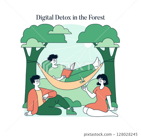Vector illustration of three people enjoying a digital detox in a forest setting. One person reads in a hammock, while two others sit relaxed on the grass beneath the trees. 128028245