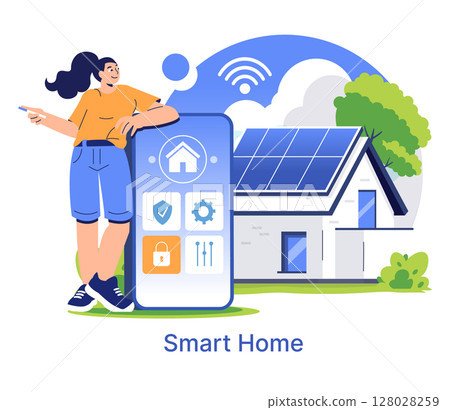 Vector illustration of a person interacting with a smart home system using a tablet. Includes solar panels, technology icons, and a wireless connection symbol. 128028259