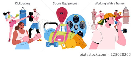 Vector illustration showing kickboxing training with participants practicing strikes at a punching bag. Includes sports equipment like kettlebell, gloves, and a trainer observing. Vector illustration showing kickboxing training with participants practicing strikes at a punching bag. Includes sports equipment like kettlebell, gloves, and a trainer observing. 128028263