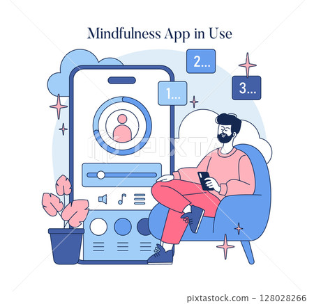 Vector illustration of a person using a mindfulness app on a smartphone. The user, seated comfortably, appears calm and focused, engaging with the app's meditation features. Vector illustration of a person using a mindfulness app on a smartphone. The user, seated comfortably, appears calm and focused, engaging with the app's meditation features. 128028266