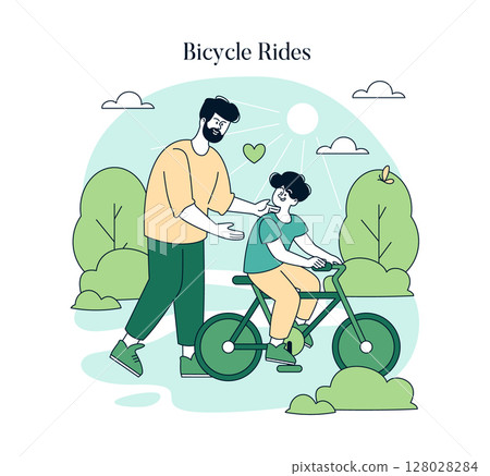 Father teaching daughter bicycle riding in a park setting, expressing care and encouragement. Vector illustration. 128028284