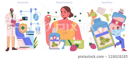 Vector illustration showcasing a dentist consultation, a person using breath freshener, and large tooth rinse bottles with cheerful individuals. Highlights dental care practices and hygiene. 128028285