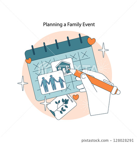 Connection Between Generations concept. Hand marks calendar for family event at home. Family photo and family tree card capture importance of togetherness and bridging generational bonds. Vector 128028291