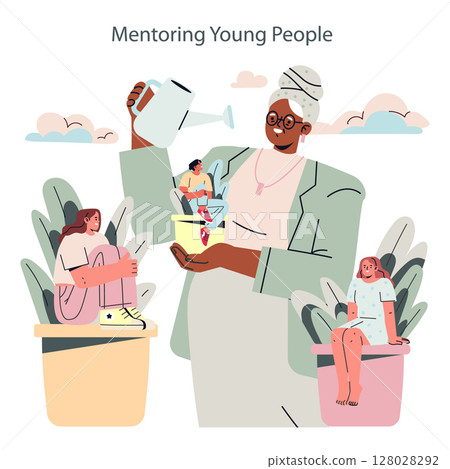 Silver Society. Older mentor guiding and nurturing young people, symbolized by watering youth growing in pots. Scene reflects intergenerational support, growth and wisdom sharing. Vector illustration. 128028292
