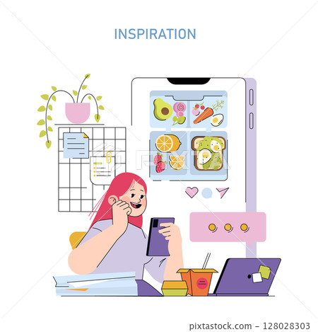Woman smiling while looking at meal ideas on her tablet. Concept of digital inspiration for healthy eating. Includes food images, plants, and digital devices. 128028303