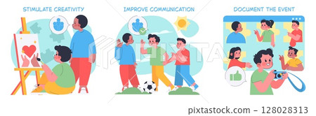 Vector illustration showing children engaging in creative painting, improving communication through team activities, and documenting events using a camera. Emphasizes creativity, teamwork, and memory Vector illustration showing children engaging in creative painting, improving communication through team activities, and documenting events using a camera. Emphasizes creativity, teamwork, and memory 128028313