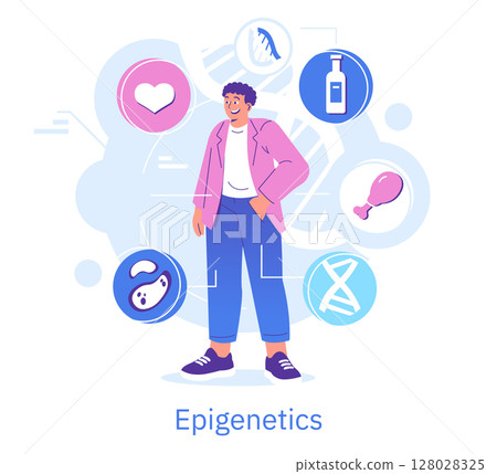 Vector illustration of a person surrounded by symbols representing lifestyle factors affecting epigenetics. Displays DNA, diet, and health-related icons for educational insight. 128028325