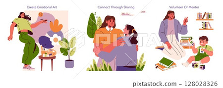Vector illustration showcasing three scenarios emphasizing creativity, connection, and mentorship. A person engages in art, a couple shares a moment, and a mentor guides a child in learning. 128028326