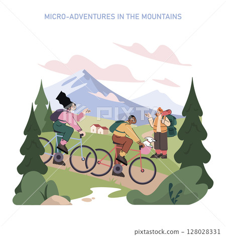 Mountain tourism concept. People cycling and hiking with backpacks and a dog on scenic trails surrounded by pine trees, hills, and snowy peaks enjoying outdoor mountain adventures. Vector illustration 128028331