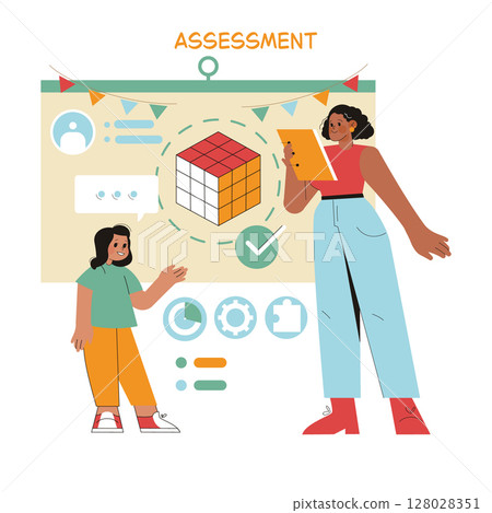 Preschool education assessment concept. Teachers evaluate children's learning and problem solving skills. Colorfu, joyful classroom setting. Vector illustration. Preschool education assessment concept. Teachers evaluate children's learning and problem solving skills. Colorfu, joyful classroom setting. Vector illustration. 128028351