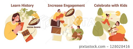 Vector illustration set highlighting chocolate history, engagement in production, and joyful celebration with kids. Captures learning, collaboration, and fun activities in a playful style. Vector illustration set highlighting chocolate history, engagement in production, and joyful celebration with kids. Captures learning, collaboration, and fun activities in a playful style. 128028416