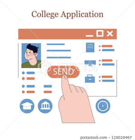 The illustration shows a college application process, featuring a user interface where a student submits personal information. It captures the excitement and anticipation of sending applications for The illustration shows a college application process, featuring a user interface where a student submits personal information. It captures the excitement and anticipation of sending applications for 128028467