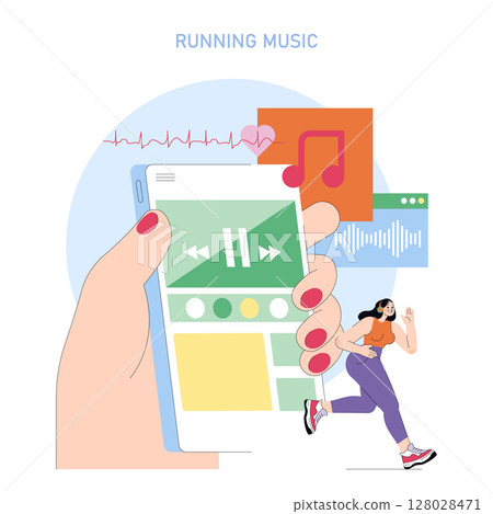 World Running Day concept. A person enjoys music while jogging outdoors using a mobile playlist, supporting energy, motivation, and health through running and digital fitness tools. Vector World Running Day concept. A person enjoys music while jogging outdoors using a mobile playlist, supporting energy, motivation, and health through running and digital fitness tools. Vector 128028471