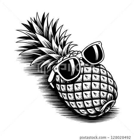 Cool Pineapple Wearing Sunglasses Black and White Illustration 128028492