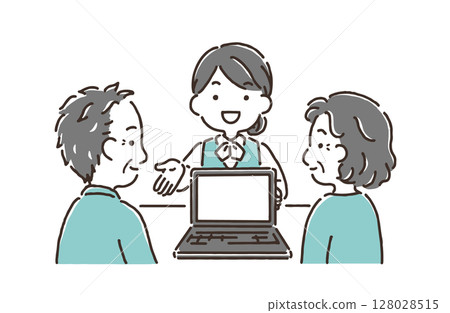 A woman in office clothes explaining to an elderly couple while showing them a computer screen A woman in office clothes explaining to an elderly couple while showing them a computer screen 128028515