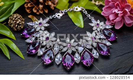 Stunning Amethyst Statement Necklace with Floral Design and Large Gems Stunning Amethyst Statement Necklace with Floral Design and Large Gems 128028554