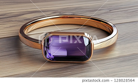 Sleek Amethyst Cuff Bracelet with Elegant Design on Wooden Background 128028564