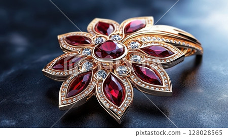 Elegant Ruby Brooch with Floral Design and Sparkling Gemstones 128028565