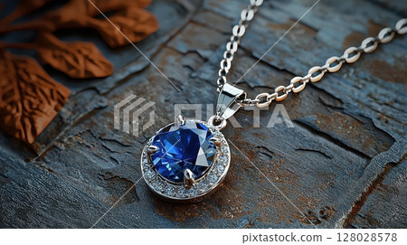 Elegant Sapphire Pendant Necklace on Textured Background 128028578