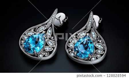 Elegant Aquamarine Drop Earrings with Intricate Silver Design 128028594