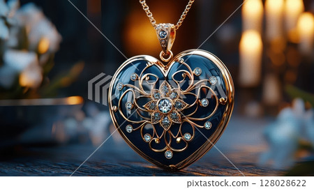 Elegant Heart Shaped Diamond Locket Necklace with Intricate Design 128028622