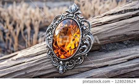 Ornate Silver Brooch with Amber Gemstone in Art Nouveau Style Design 128028624