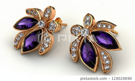 Elegant Amethyst and Gold Earrings Shaped Like Beautiful Flower Design 128028690