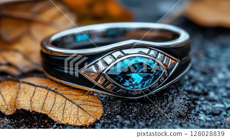Modern Silver Ring with Aquamarine Stone and Unique Design Elements 128028839