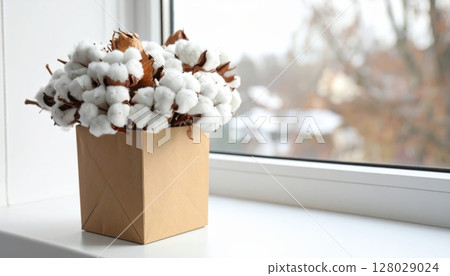 cotton flowers in paper bag by the window cotton flowers in paper bag by the window 128029024