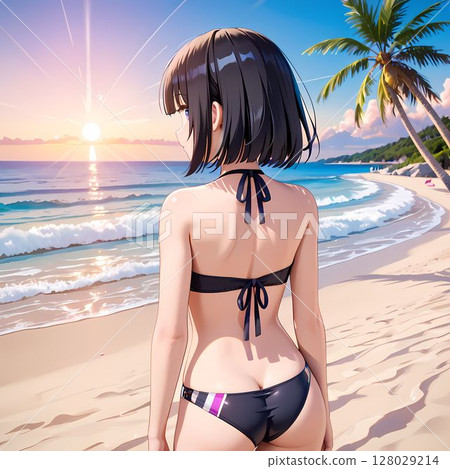 Back view of a woman in a swimsuit on the beach Back view of a woman in a swimsuit on the beach 128029214