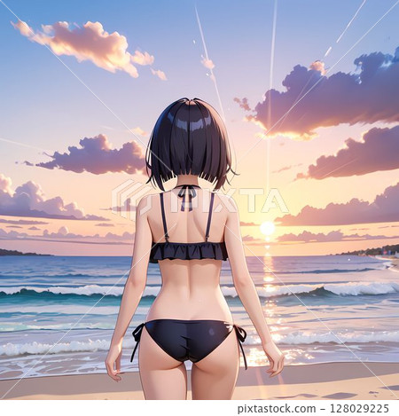 A swimsuit lady standing on the beach 128029225
