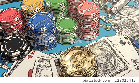 Gambling: A table littered with chips and cards 128029412