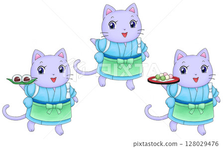 Illustration set of a cat Japanese sweets shop clerk Illustration set of a cat Japanese sweets shop clerk 128029476