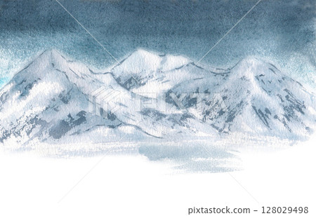 Alpine snowy mountain scene in night sky monochrome watercolor sketch isolated on white. Slope with snow peaks and dark sky hand drawn for design Christmas background and winter travel branding. Alpine snowy mountain scene in night sky monochrome watercolor sketch isolated on white. Slope with snow peaks and dark sky hand drawn for design Christmas background and winter travel branding. 128029498