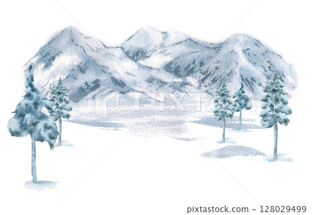 Winter watercolor landscape with snow dusted slopes, frosty spruce trees and blue mountain silhouettes isolated on white. Woodland Christmas scene of rocky hills, pine hand drawn for skiing design. 128029499