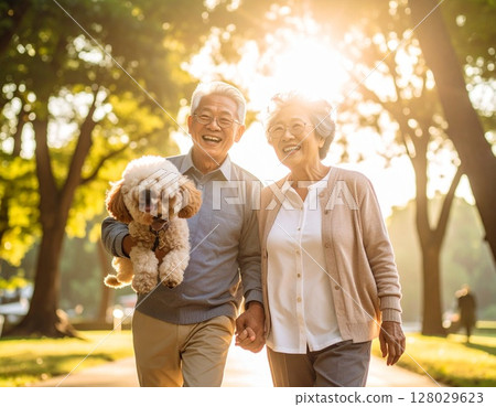Senior couple and poodle walking surrounded by greenery 128029623