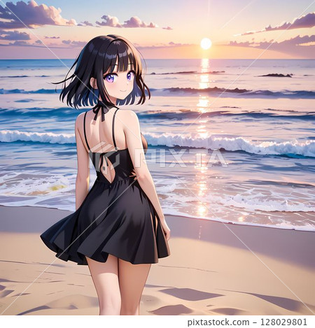 日落時站在海裡的女人 128029801