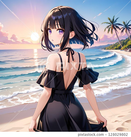 Woman walking on the beach at sunset 128029802