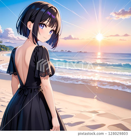 A woman walking along the beach at sunset 128029803