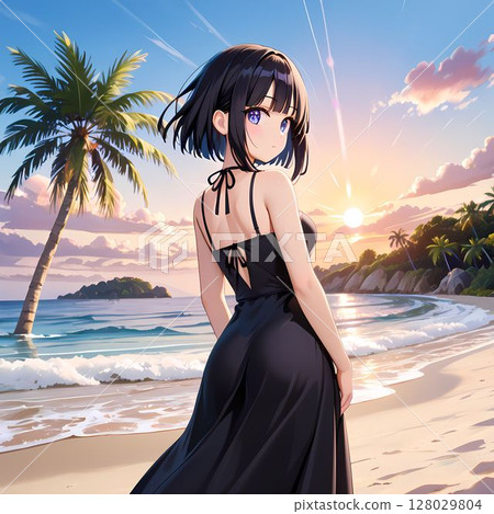 A woman wearing a black dress standing on a beach looking back A woman wearing a black dress standing on a beach looking back 128029804