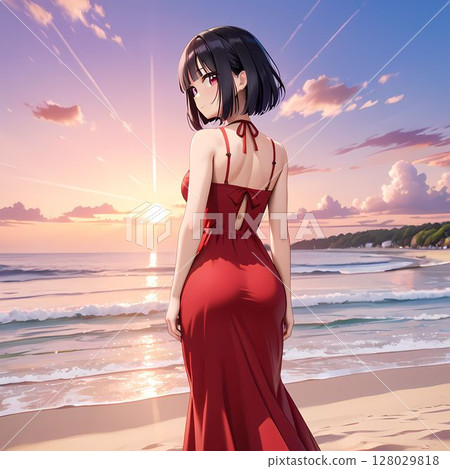 海灘上穿紅裙子的女人 128029818