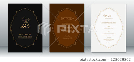 Luxury Wedding Invitation and Menu Templates with Golden Vintage Frames on Black, Brown, and Cream Backgrounds 128029862
