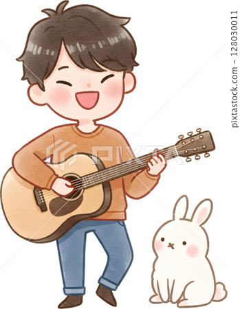 boy playing guitar with cute cartoon elephant 128030011