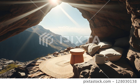 Stunning view of mountains and the sun shining through a cave opening, peaceful retreat. Stunning view of mountains and the sun shining through a cave opening, peaceful retreat. 128030138