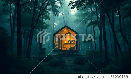 A cozy, illuminated glass cabin nestled deep within a lush, enchanting and mysterious forest. 128030189