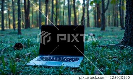 Laptop in a forest setting, merging technology with nature, creating a tranquil work environment. 128030190