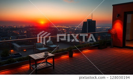 Stunning rooftop view at sunset, featuring a cityscape and comfortable lounge furniture. 128030194